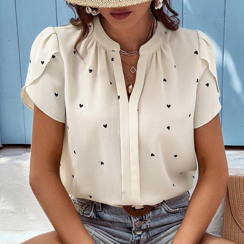 Ladies Summer Short Sleeve V Neck Casual Love Heart Printed Pullover Blouse Shirt Top