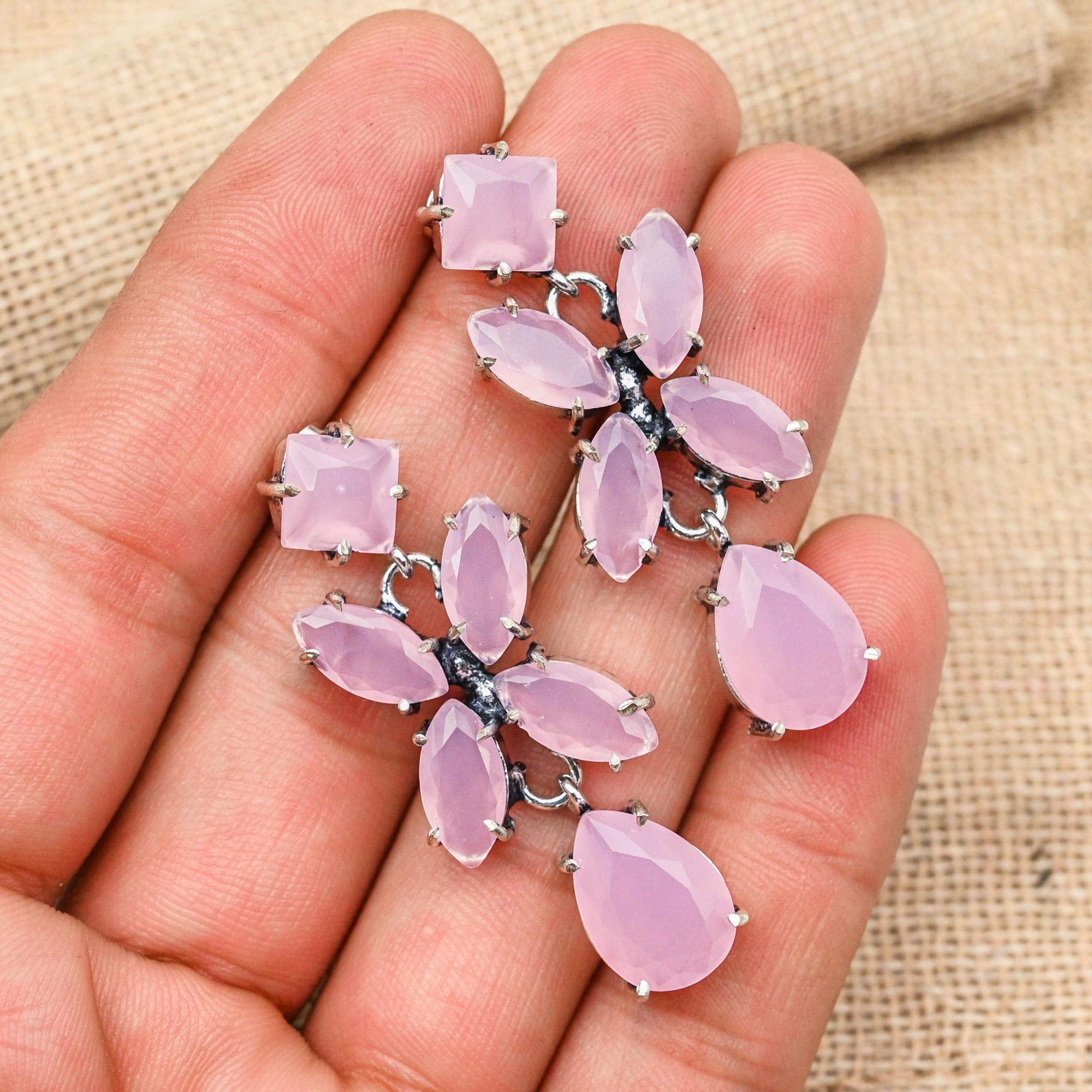 

Amazing Pink Chalcedony Gemstone Handmade 925 Sterling Silver Jewelry Earring