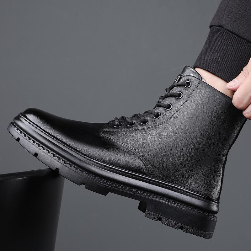Men's Genuine Leather Boots Fashion Motorcycle Ankle Boot 2025 New High Top Casual Boots for Men Plush Warm Winter Boots for Men