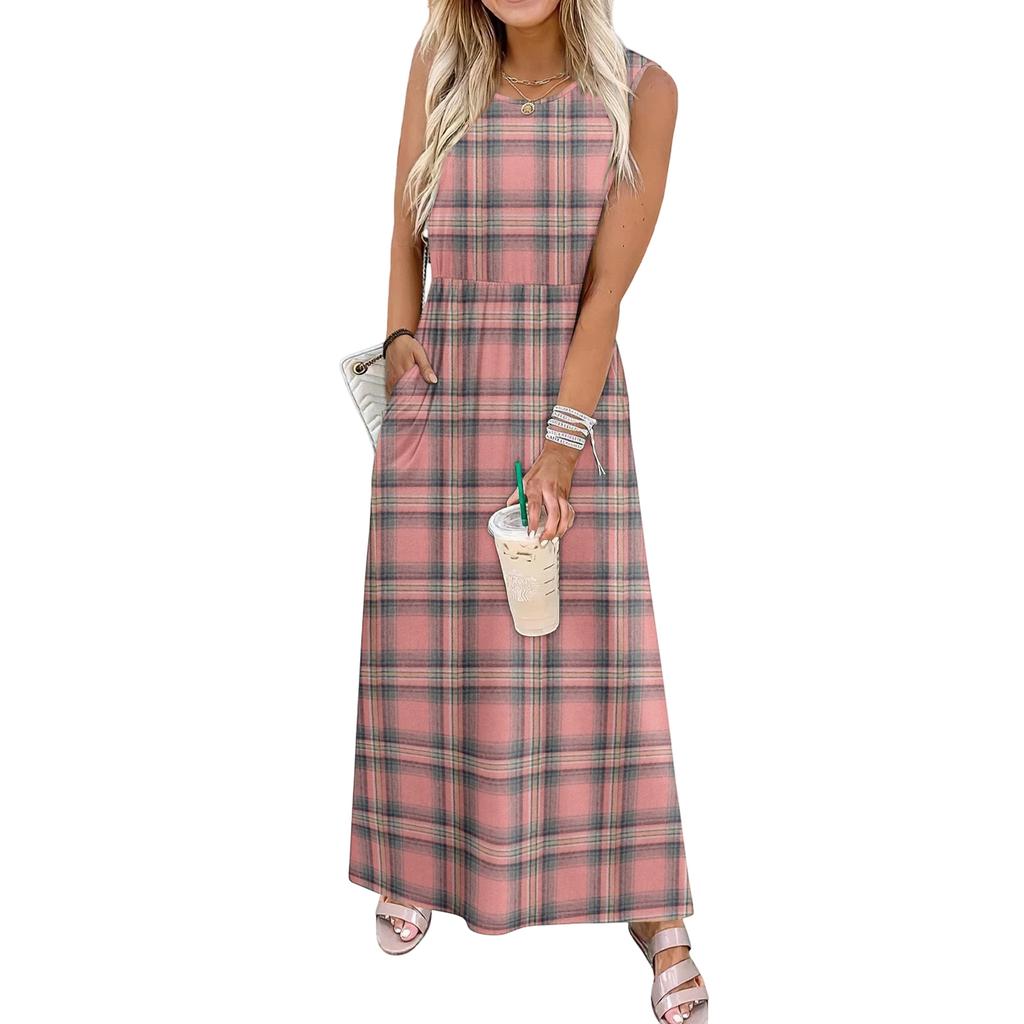 Ladies' Plaid Printed Casual and Fashionable Waist Cinched Sleeveless Dress
