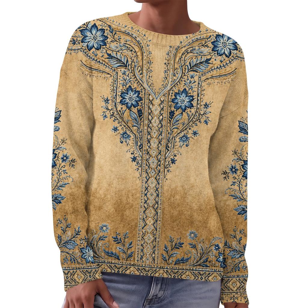Women's Long Sleeve Crewneck Sweater, Soft Printed Pullover for Fall Winter