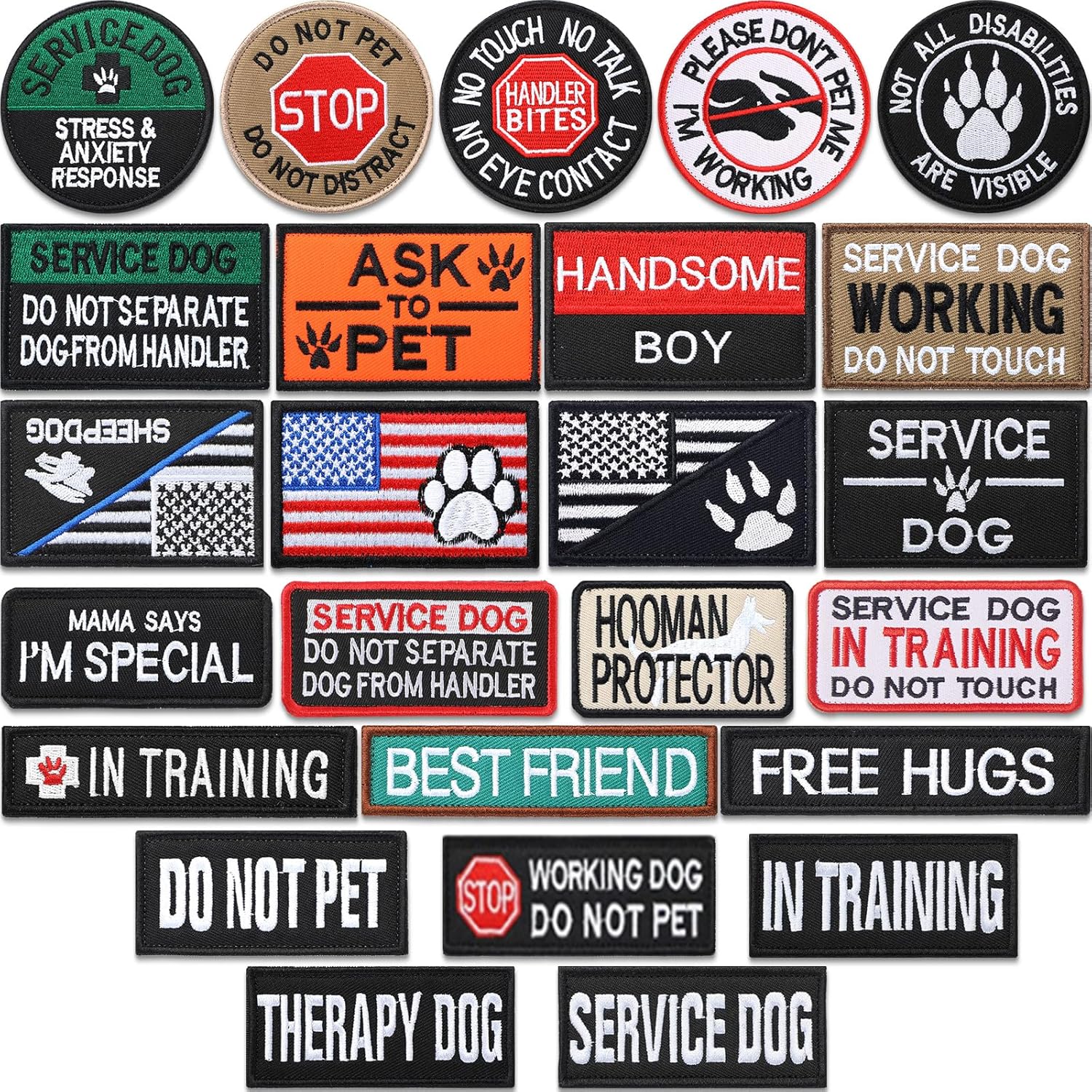 25 Pack Service Dog Patches Tactical Dog for Harness Patches Embroidery Do Not Pet Vest Patches in Training American Flag Patch Removable Tactical