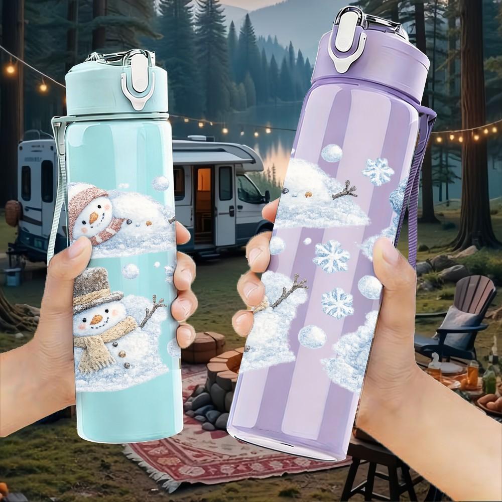 1PC Two Snowman Winter Snow Scene Print 750ml Color Plastic Sports Water Bottle Leakproof Flip Straw Lid Suitable for Sports Office Home Use