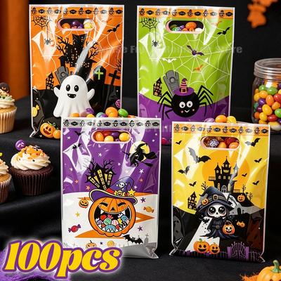Halloween PVC Candy Bags Ghost Spider Print Gift Goodie Bag Kids Trick or Treat Snack Cookie Handbag Party Favor Storage Pouches
