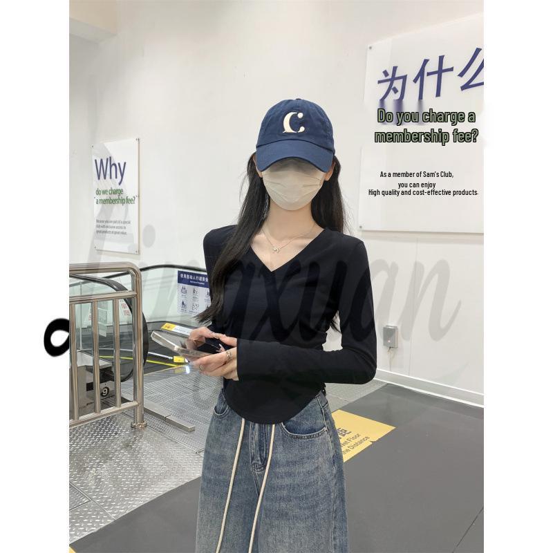 Autumn/Winter Korean Style Slim V-neck Pleated Solid Long-sleeve T-shirt