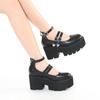 Schwarze Blockabsatz Mary Janes Schuhe Plateau Knöchelriemen Partykleid Veganes Kunstleder Punk Goth Schuhe Große Größe