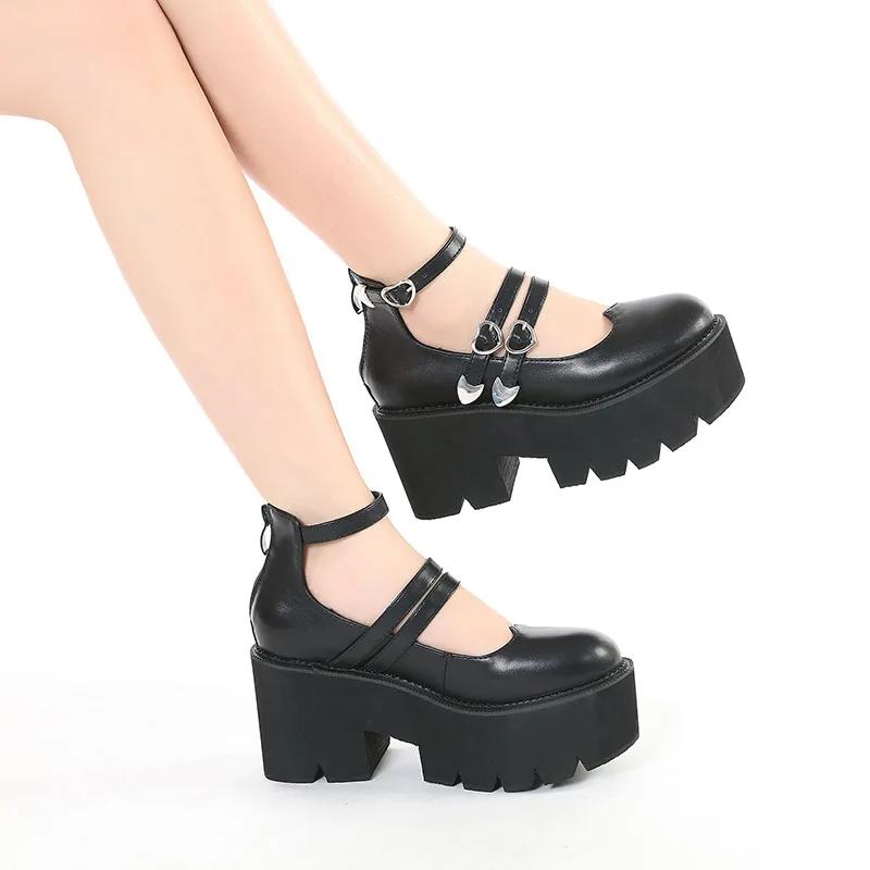 Schwarze Blockabsatz Mary Janes Schuhe Plateau Knöchelriemen Partykleid Veganes Kunstleder Punk Goth Schuhe Große Größe