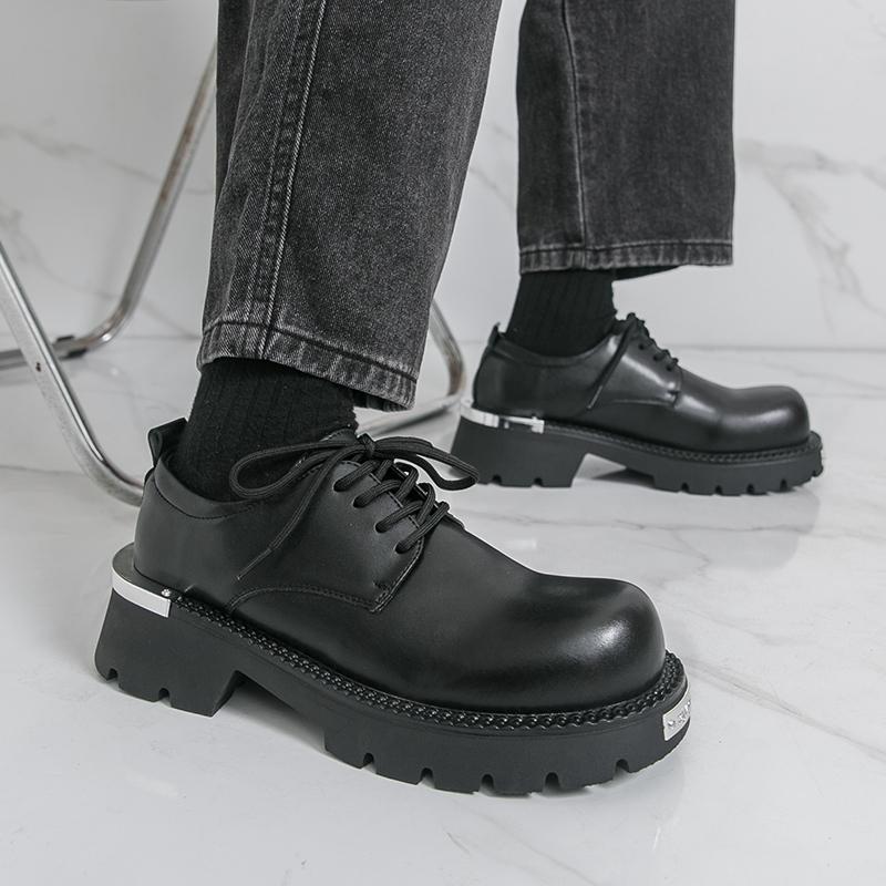 Men'S Casual Leather Shoes Big Head Derby Thick Bottom Heightening British Style Work Shoes Anti-Slip Rubber Sole Zapatillas
