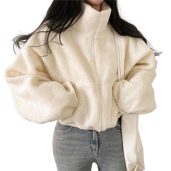 Frauen Winter Mantel Dicke Fleece Stehkragen Hals Schutz Zip-up Kurze Typ Strickjacke Lange