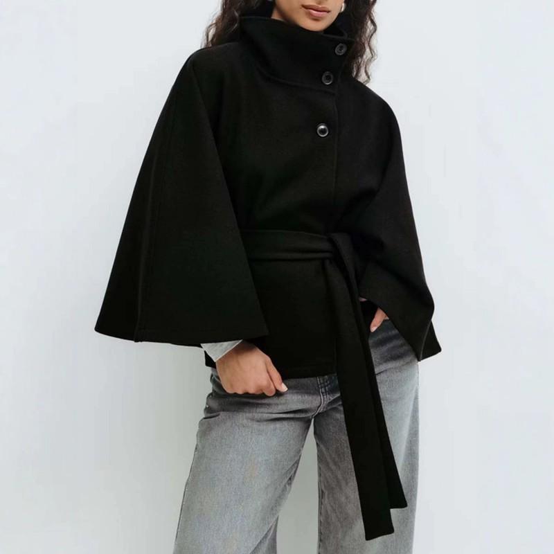 Womens Solid Color Stand Collar Wool Blend Coat Button Belted Casual Overcoat