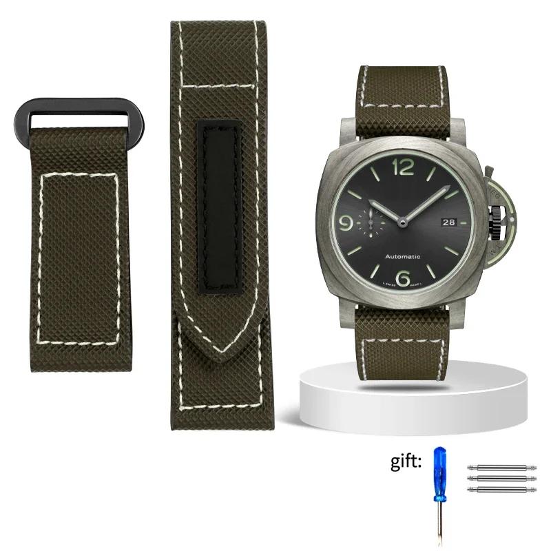 24mm High Quality Nylon Fabric Watch Band Fit for Panerai Luminor PAM01118 Army green Canvas Genuine Leather Strap Bracelet