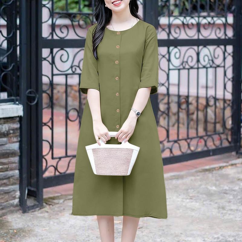 ZANZEA Women Casual Round Neck Solid Color 3/4 Sleeve Loose Dress