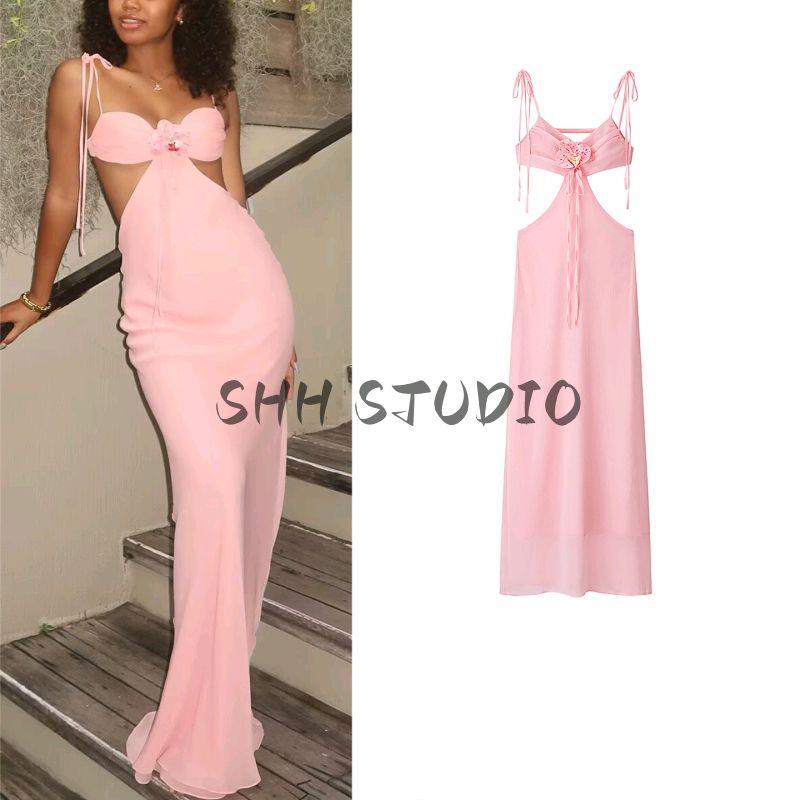 Summer New Product Women's Clothes Seaside Vacation Style Three-Dimensional Flower Decoration Sexy Waist Hollow-out Chiffon Sling Dress