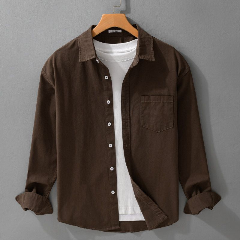 Spring and Autumn Simple Retro Long-Sleeved Shirt Men's Loose Versatile Casual Top Festive Burgundy 100% Pure Cotton