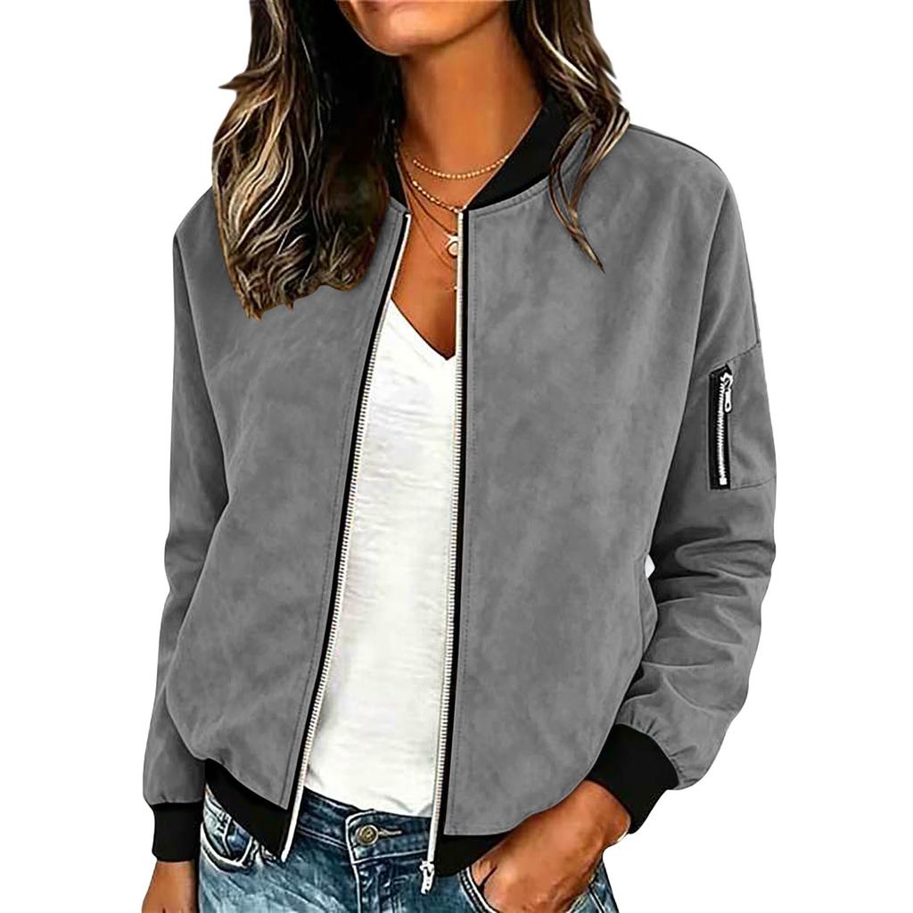 Women's Casual Suede Zip Up Jacket Lightweight Bomber Style Long Sleeve Outerwear with Ribbed Cuffs and Hem for Everyday Wear