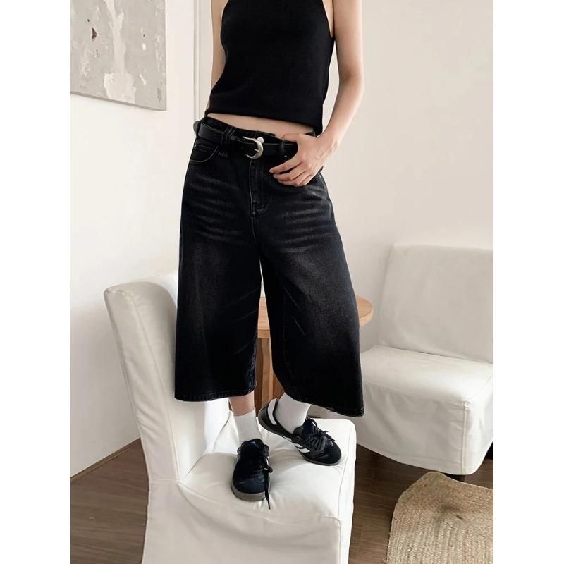 Harajuku Vintage Vysoký pas Černé Retro Prané džínové šortky Dámská móda Ležérní Volný střih Y2K Streetwear Středně dlouhé Krátké