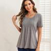 Women’s Shirts Round-neck Short Sleeves Loose Tops Pullover Pleated Stripes T-shirts Solid Color Summer Spring Casual Wear