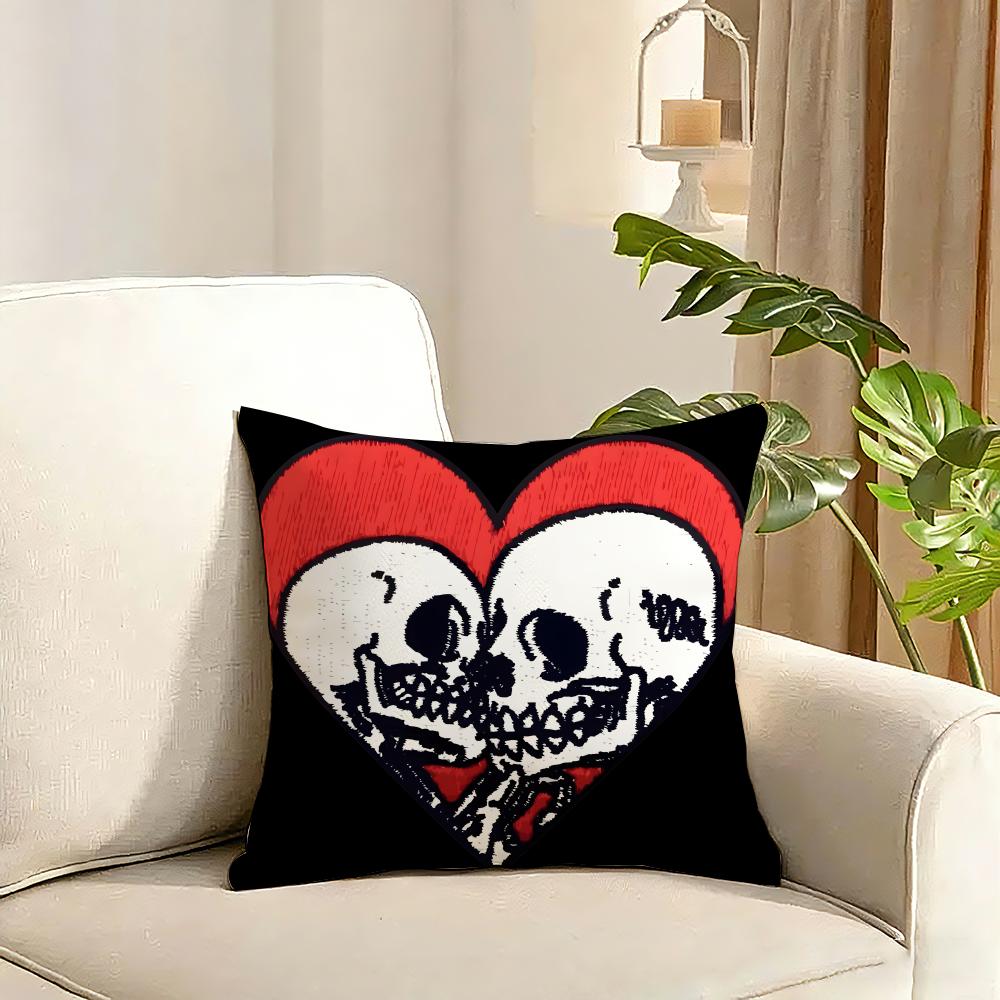 Cool Skull Heart Print Cushion Cover Reversible Plush Pillow Cover Soft Fluffy Home Decor for Sofa Bedroom