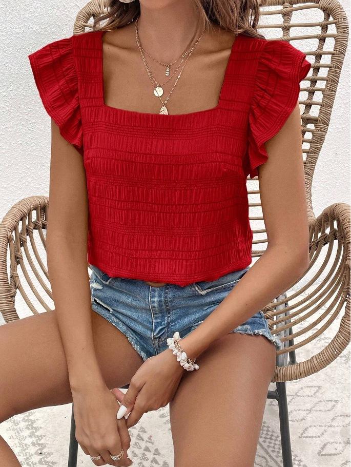 Women's Trend Spring Summer Fashion Square Collar Ruffled Shirt Top