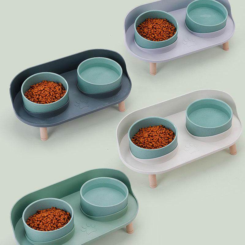 Double Cat Safety Bowl, with Wooden Stand and Silicone Mat, Kitten, Puppy Food, Water Supply, Raised Dish, Dog Supplies, Anti-spill