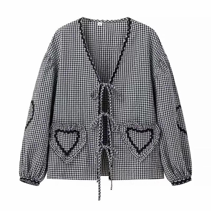

Candy House Sweet World SIS French style Girl Love Bow Lace-up Plaid Long sleeve Loose Shirts Top Black Check L