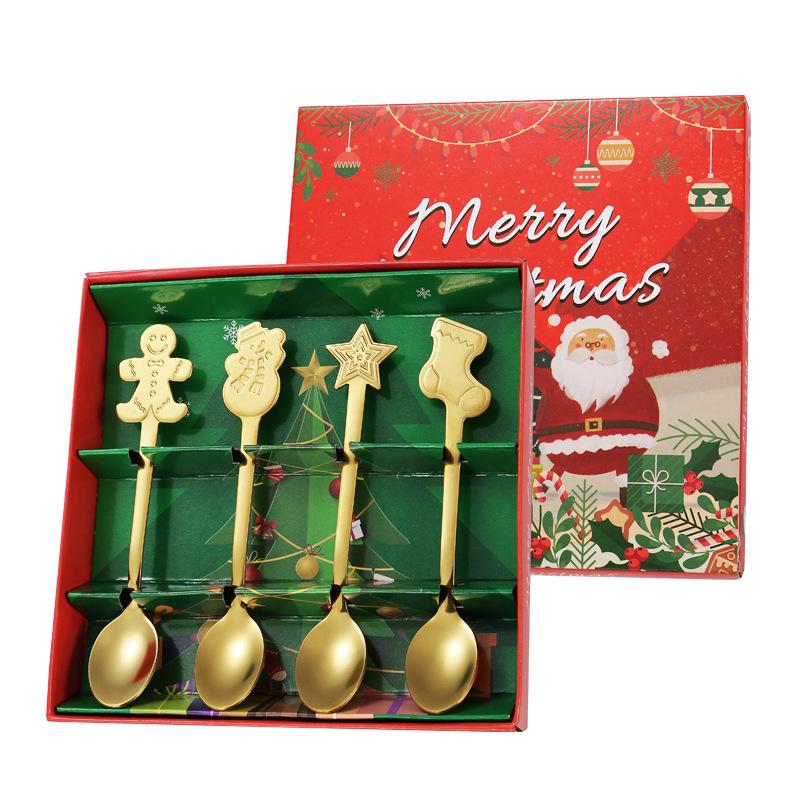 Creative Christmas Spoon gift box stainless steel tableware cartoon gingerbread man coffee spoon colored box suite