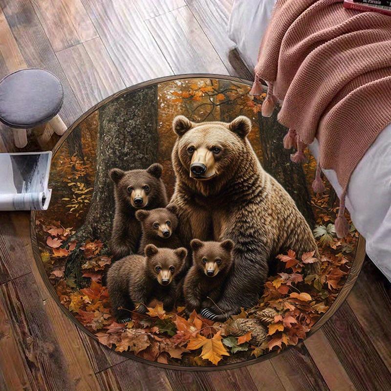 

Round Crystal Velvet Rug Bear Family Autumn Leaves Forest Scene Nature Wildlife Animal Print Round Rug for Bedroom Living Room 60cm x 60cm