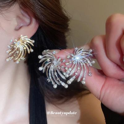 Silver Needle Fireworks Star Pearl Earrings - Elegant, High-End Design for Women