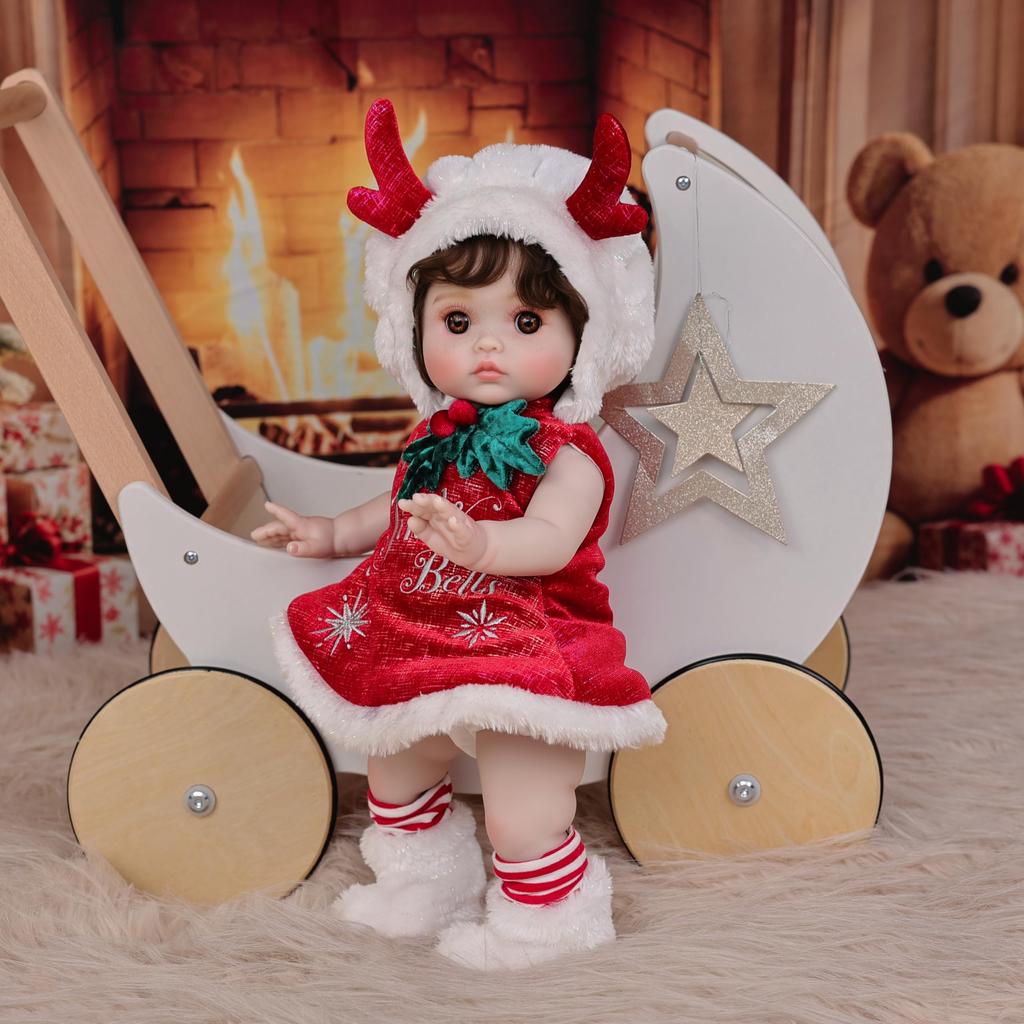 Cloveray 18-Zoll Vinyl Weihnachten Reborn Puppe, Rotes Hirschgeweih Outfit Baby Puppe, Handbemaltes Hochfarbiges Make-up, Perfekt für Sammlung & Geschenk, Auch