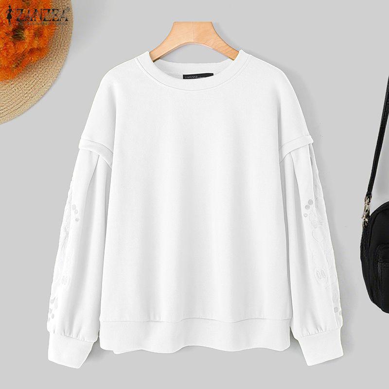 ZANZEA Women Casual Embroidered Splice Long Sleeve Loose Pullover Tops
