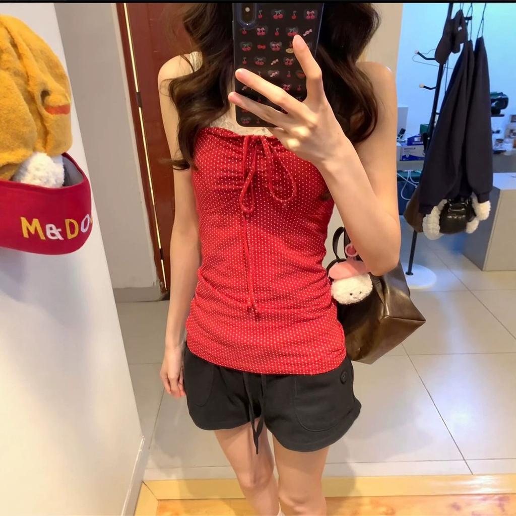 Dopamine red polka dot lace splicing neck strap tube top women's summer new slim-fit and beautiful top