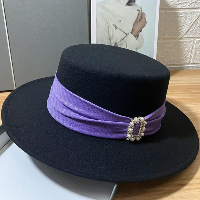 Fashion Temperament Light Luxury Flat Top Hat Women's New Retro High-end Woolen French Top Hat