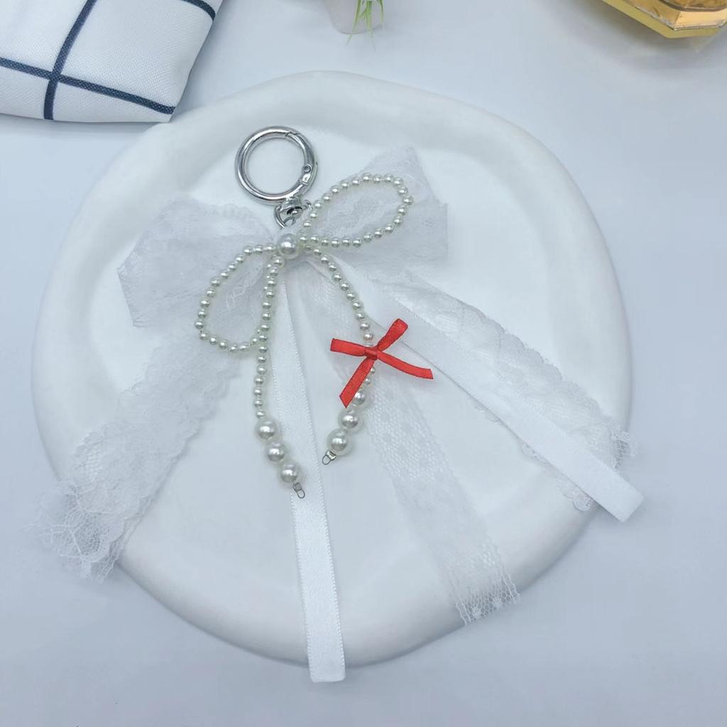 Elegant Pearls Bowknot Lace Charm Pendant Bag Decoration Bows Keychain Keyring Ornament Fashion Accessory For Women