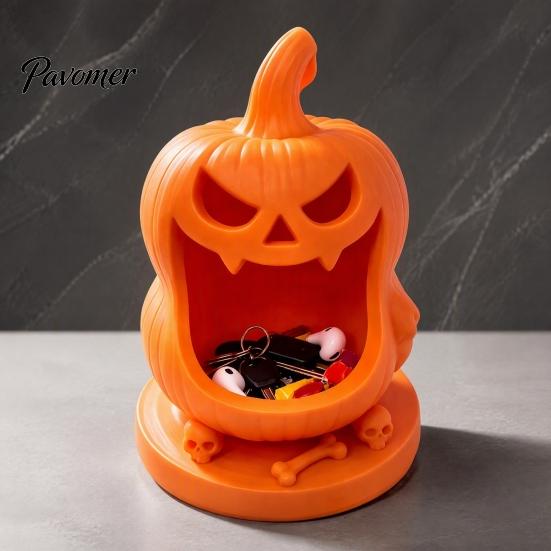 Festive Holiday Home Furnishings Halloween Pumpkin Candy Bowl, 3D Printed Storage Box with Skull Bone Decorative Base, Portable Trick or Treat Jewelry