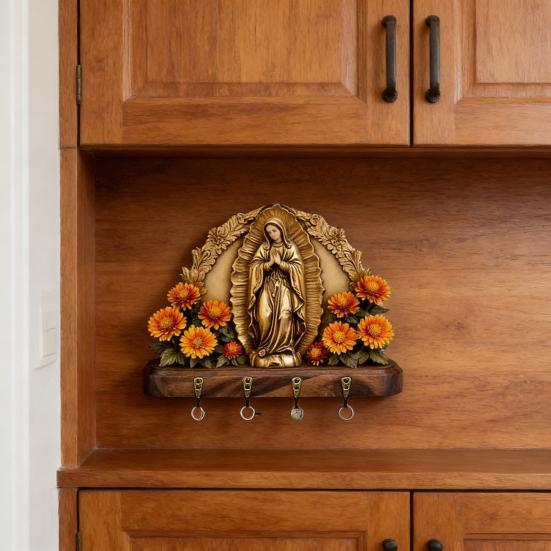 Płaski wieszak na klucze na ścianę 2D Matka Boska Dom na wsi Religijna sztuka ścienna z 4 metalowymi haczykami do przedpokoju, korytarza Rustykalne chrześcijańskie prezenty dla rodziny i przyjaciół