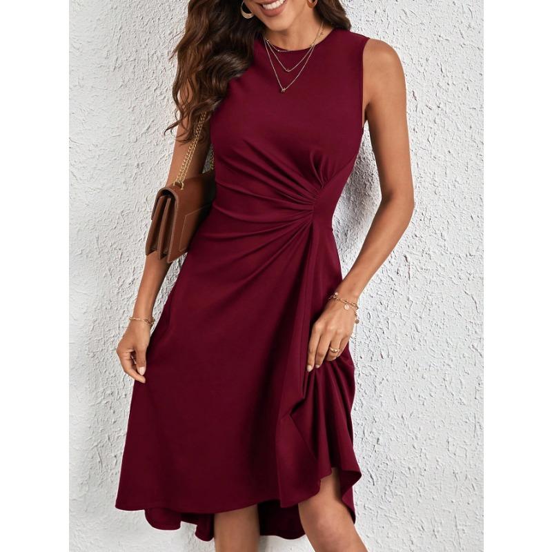 

VEZFAA женские модные летние весенние однотонные повседневные платья без рукавов с круглым вырезом и высокой талией L