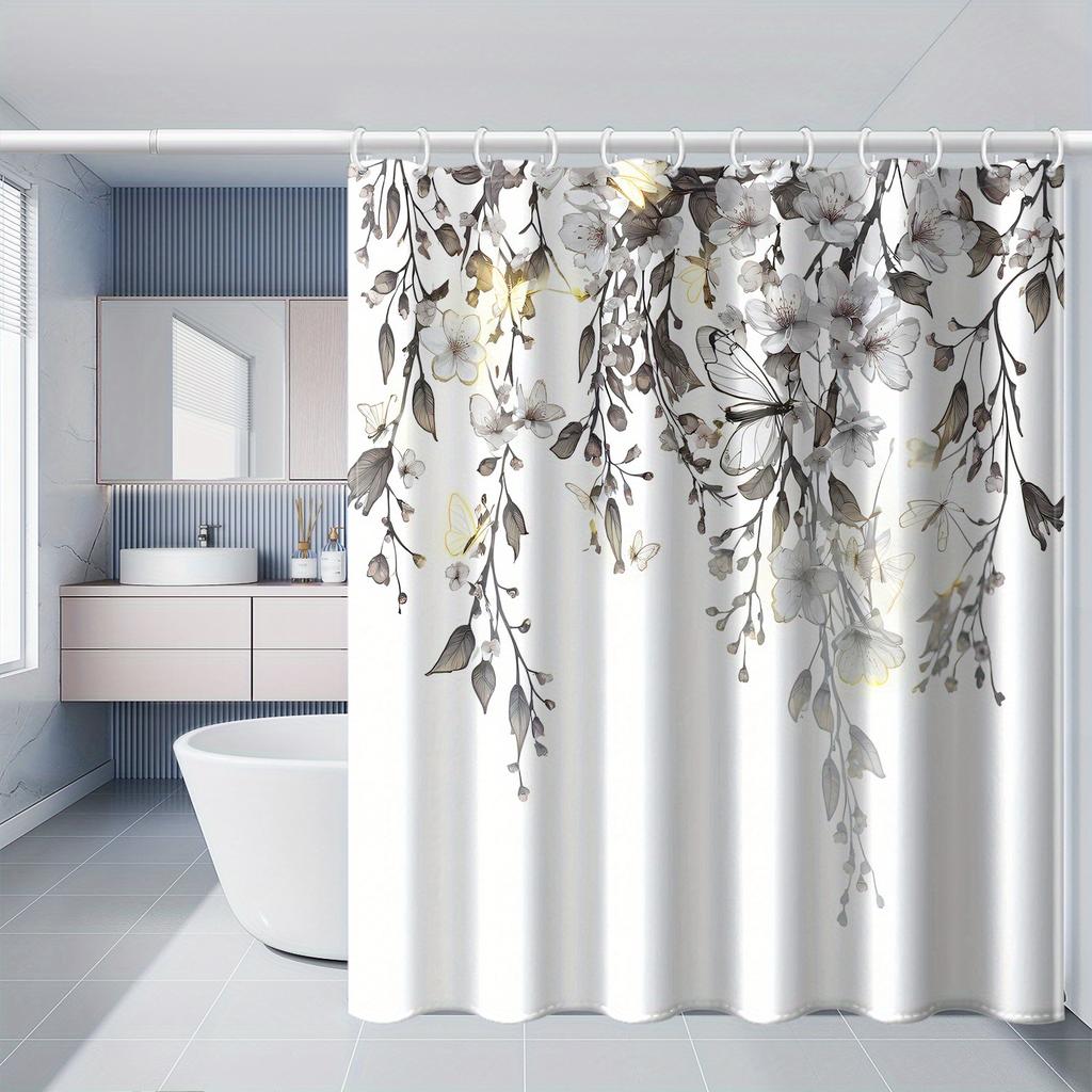1Pc White Gray Peach Flower Print Shower Curtain With Hooks, Polyester Fabric, Window And Wall, Suitable For Bathroom