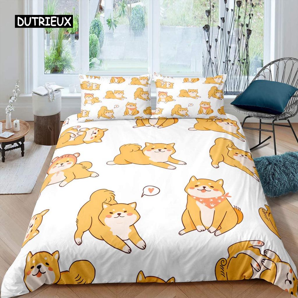 Shiba Inu Duvet Cover Cute Shiba Inu Bedding Set Dog Loves Bedding Set Microfiber Cartoon Animal Pattern Queen King Quilt Cover