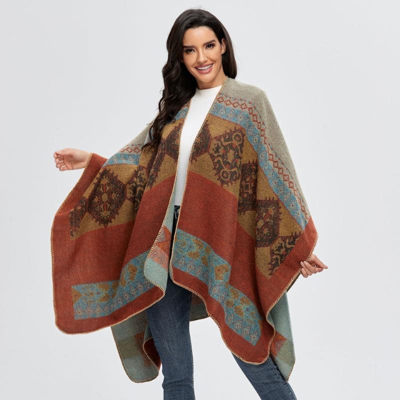 Women's Cape Shawl Autumn and Winter Retro Split Fork Warm Imitation Cashmere Scarf Cape