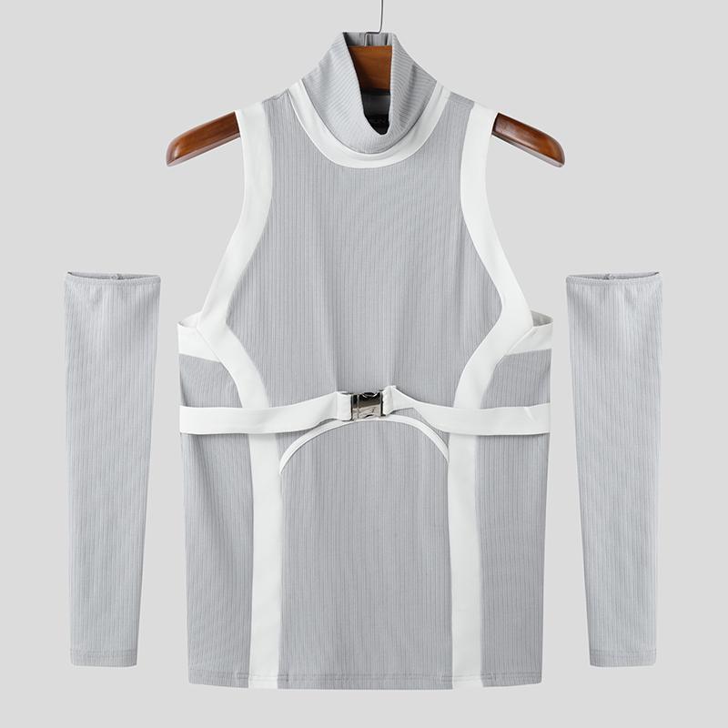 INCERUN Men Turtleneck Stitching Oversleeve Rib Casual Fitted Tank Tops