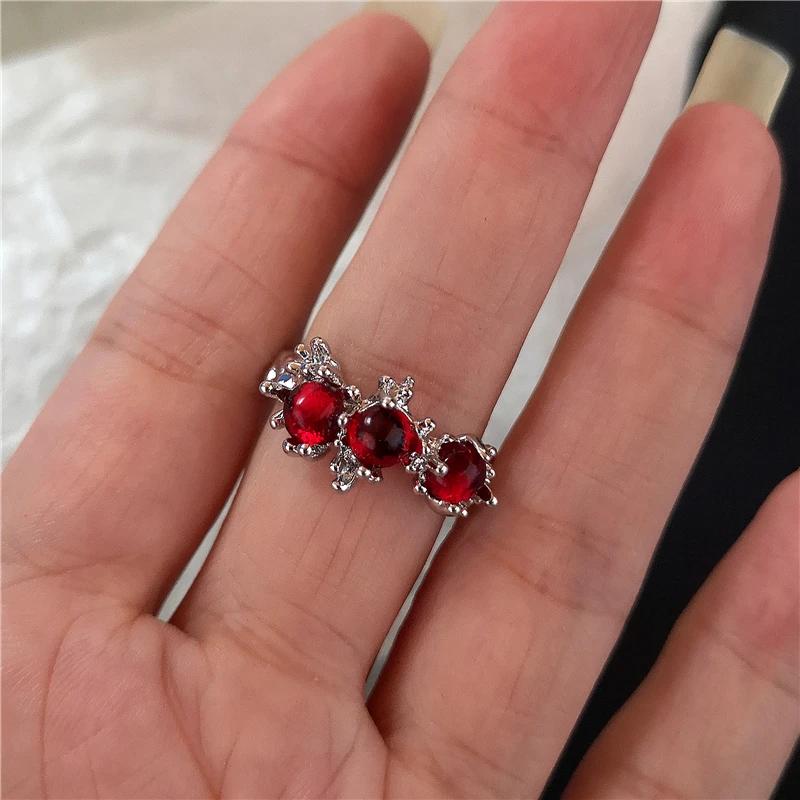 Goth Punk Retro Red Crystal Love Heart Cross Geometry Irregular Open Ring Set Y2K Halloween Accessories For Women  Jewelry