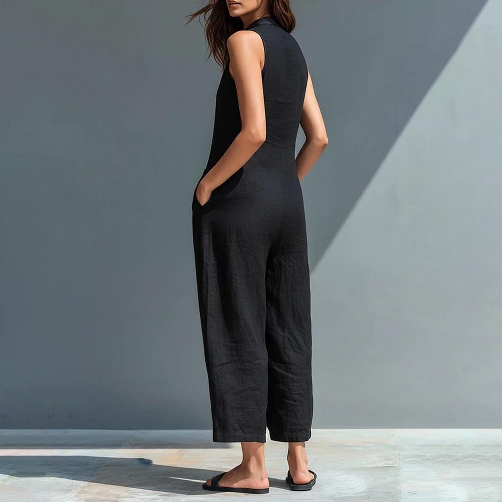 Women's Fashionable And Casual Buttoned V-neck Sleeveless Pocket Jumpsuit