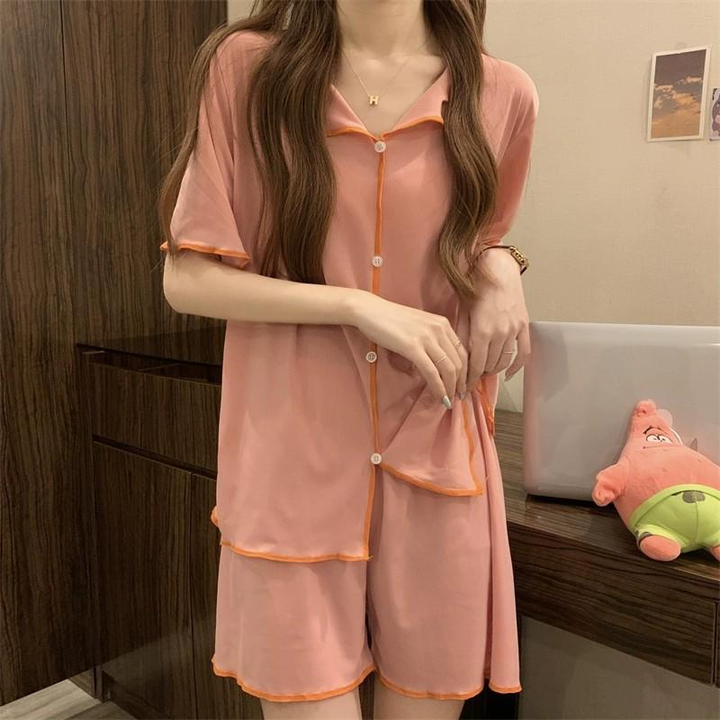 

Женский розовый пижамный комплект - Топ с коротким рукавом на пуговицах и подходящие шорты Мягкая уютная одежда для дома One size