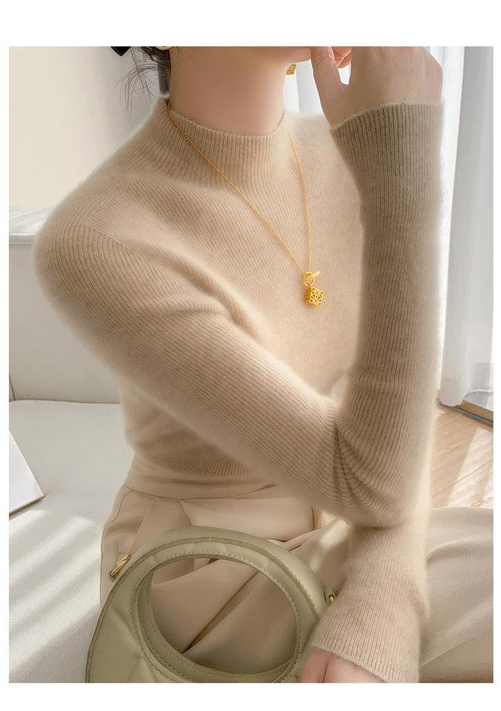 Women's Cashmere Wool Slim-Fit Knit Top - Half-High Neck, Seamless, Autumn/Winter Versatile Sweater