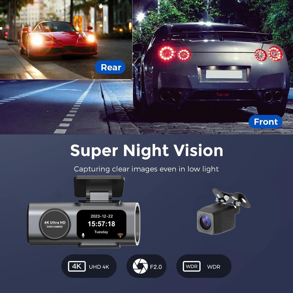 4K+1080P Front and Rear Driving Recorder Super Night Vision HD Dash Cam with Screen for Cars 2.4G WiFi Dash Camera Loop Recording Car Recorder