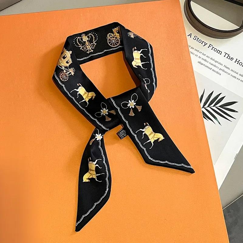 Women Narrow Thin Scarf Horse Print Long Ribbon Scarf Handle Bag Multi-Function Decorative Neckerchief Hair Tie Band