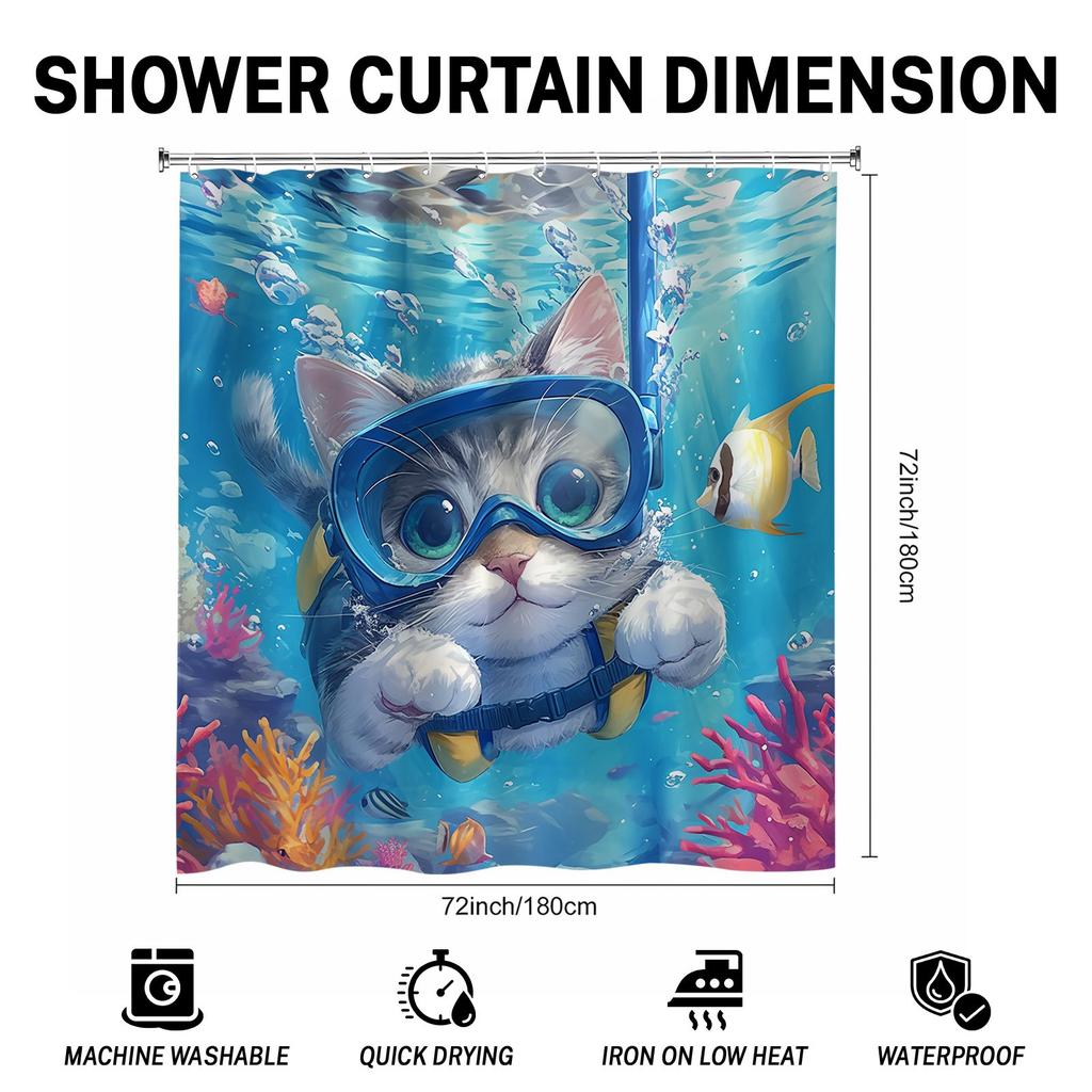 Cute Diving Cat Shower Curtain - Anti-Mold, Waterproof Bathroom Decor, Unique Gift, Stylish Design, Adorable