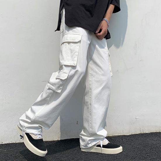 Men Cargo Pants Solid Color Hip-hop Style Loose Pattern Multi Pockets Elastic Waist Men Trousers Daily Clothes