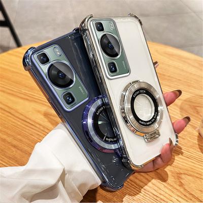 Plating Magnetic Bracket Transparent Case For Huawei P30 P40 P50 P60 Puar 70 Pro Mate 30 40 50 60 Stand Holder Shockproof Cover