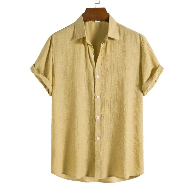 Men Fashion Casual Solid Color Stand Collar Short Sleeve Shirt